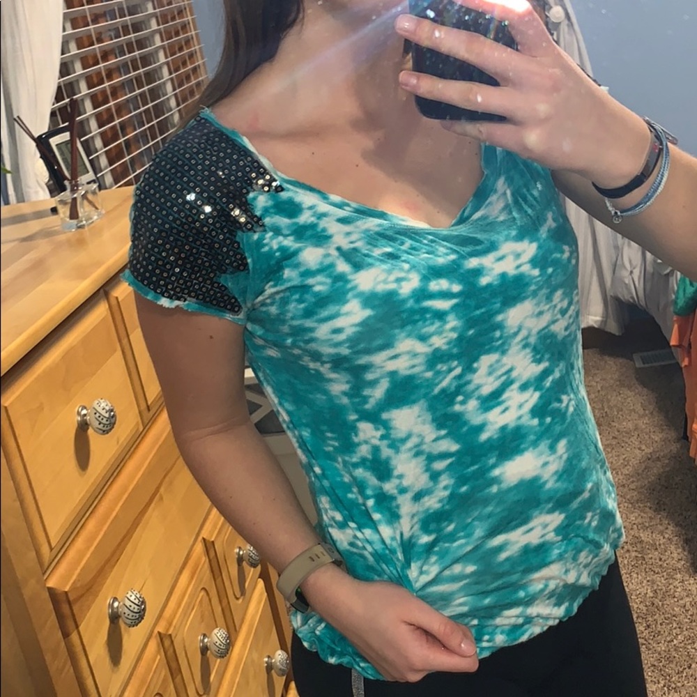 Buckle Blue Top with Sequin Shoulders